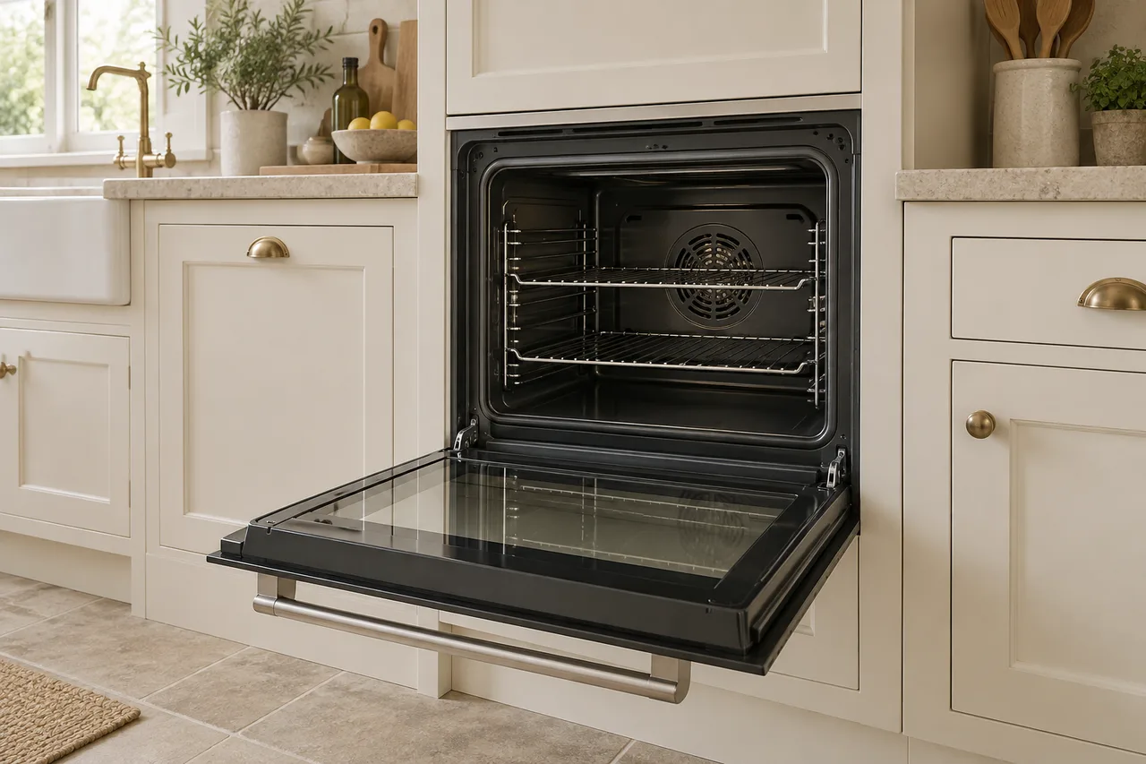 Open single oven with racks and a glass door