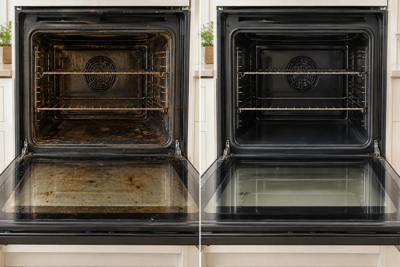 Visual demonstration: an oven with grease deposits on the left and a cleaned appearance on the right