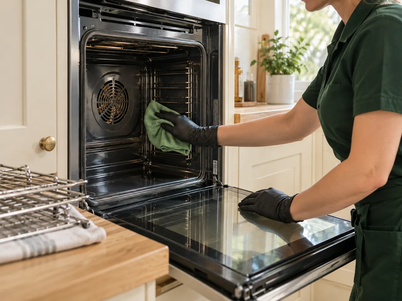 Professional cleaner wiping the interior of an open built-in oven