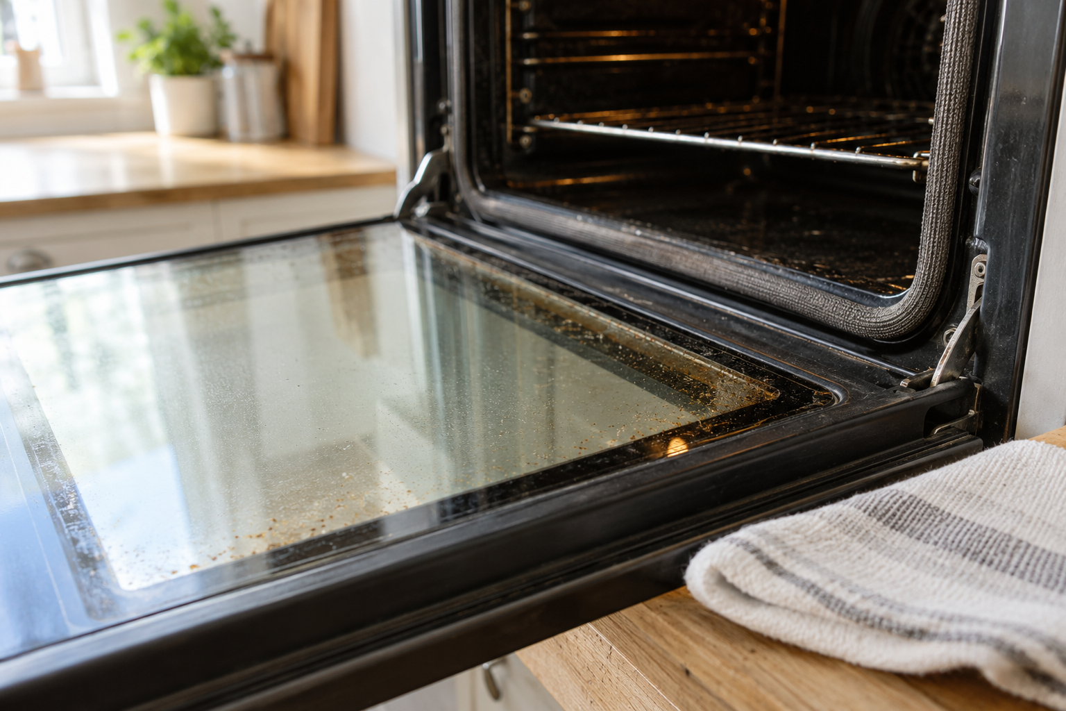 Close view of light cooking residue near the edge of an oven door glass