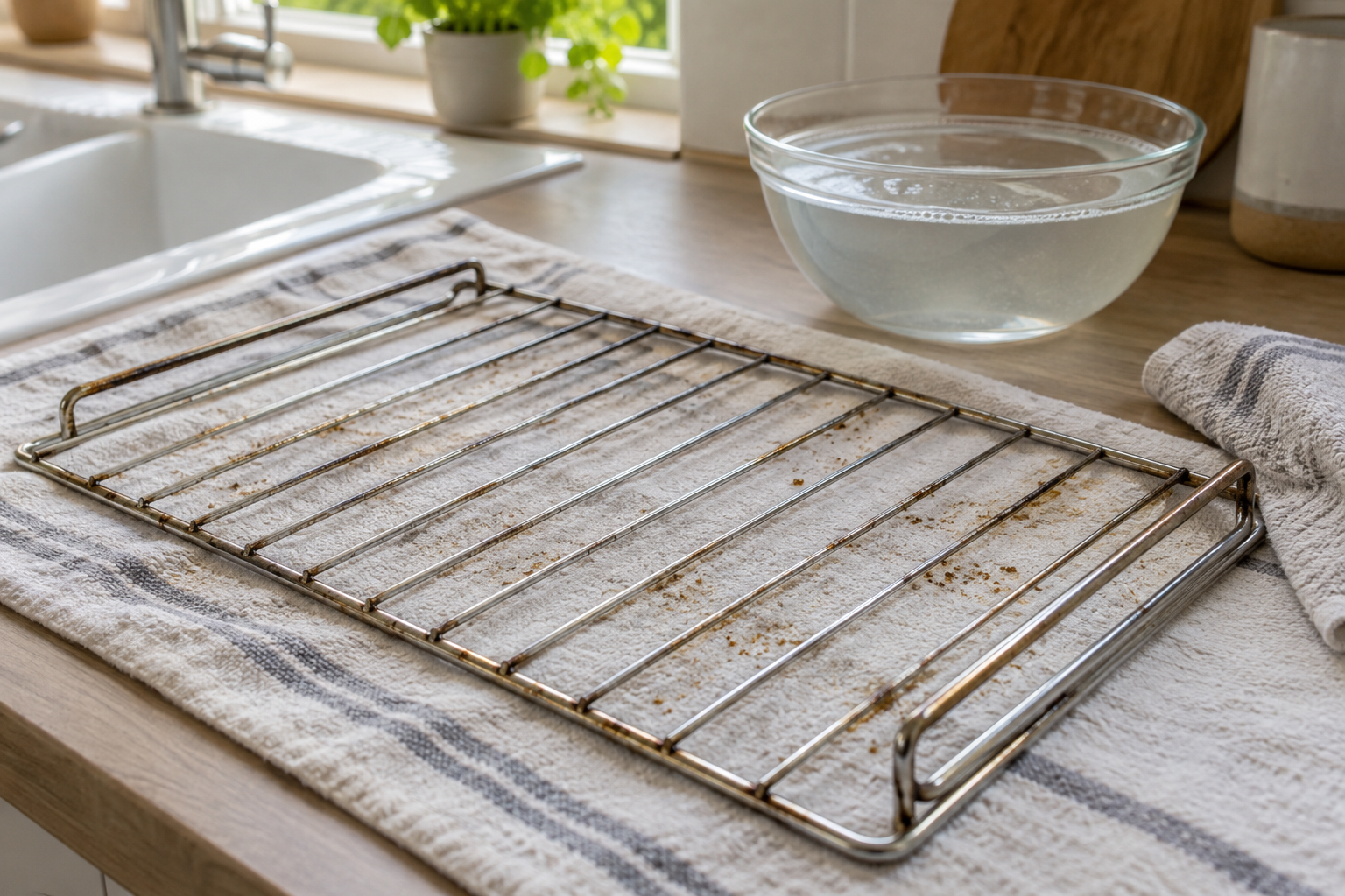 Lightly soiled oven rack on a protected worktop beside warm water and a cloth