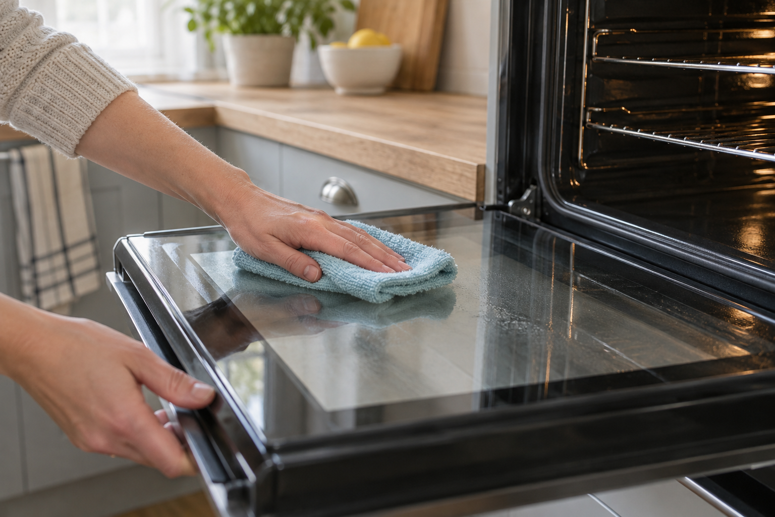 Person wiping the glass of a cool oven door with a soft cloth